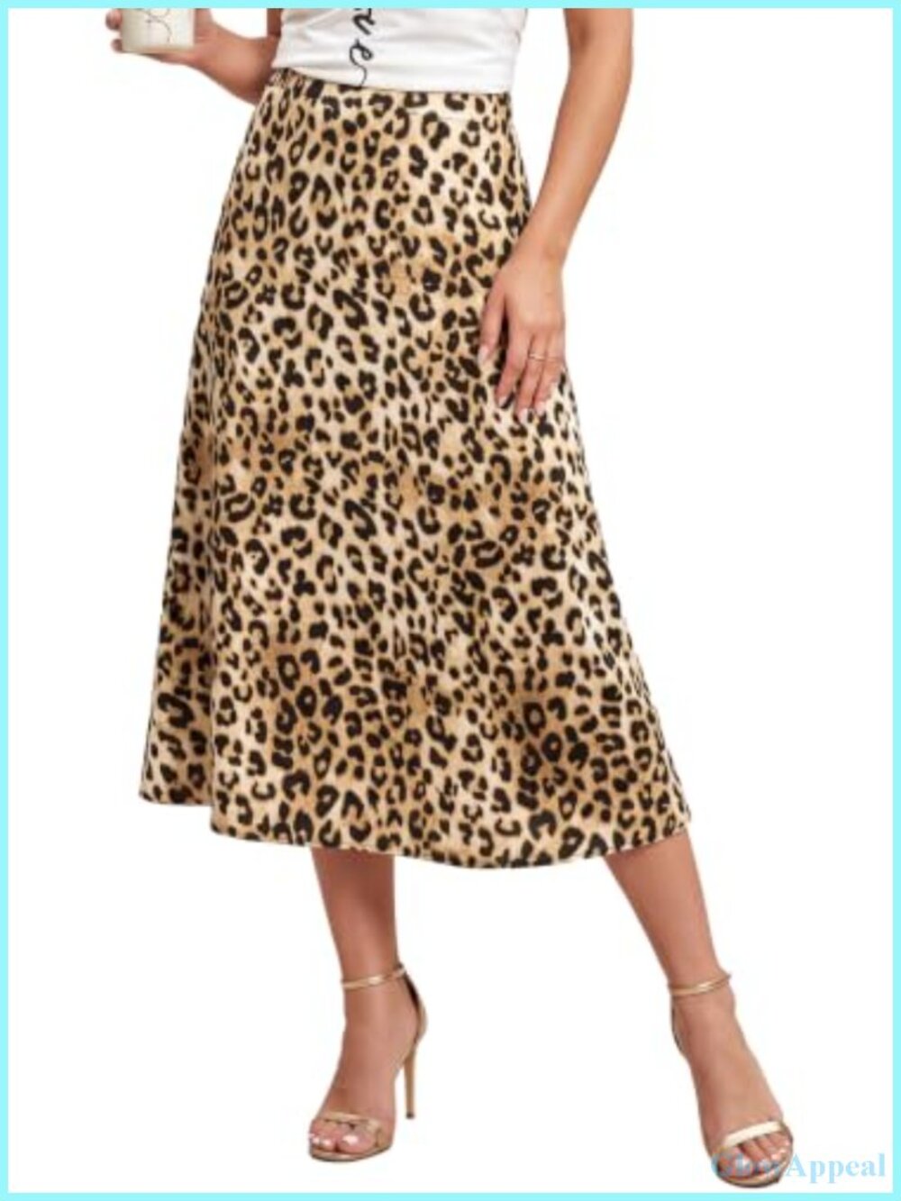 Leopard Print Midi Skirt Elastic Waist A-Line 100% Polyester